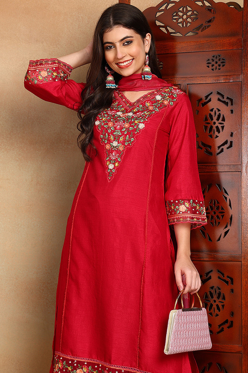 Rani Pink Silk Blend Solid Embroidered Straight Trouser Bottom Suit Set | SHOBITAM