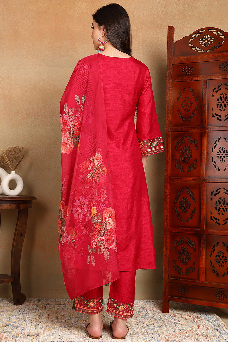 Rani Pink Silk Blend Solid Embroidered Straight Trouser Bottom Suit Set | SHOBITAM