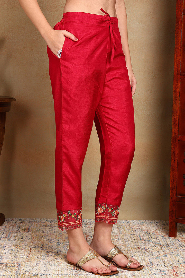 Rani Pink Silk Blend Solid Embroidered Straight Trouser Bottom Suit Set | SHOBITAM