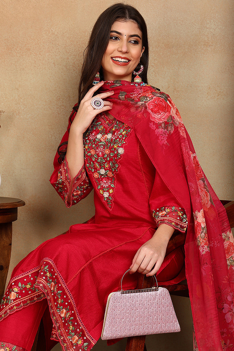 Rani Pink Silk Blend Solid Embroidered Straight Trouser Bottom Suit Set | SHOBITAM
