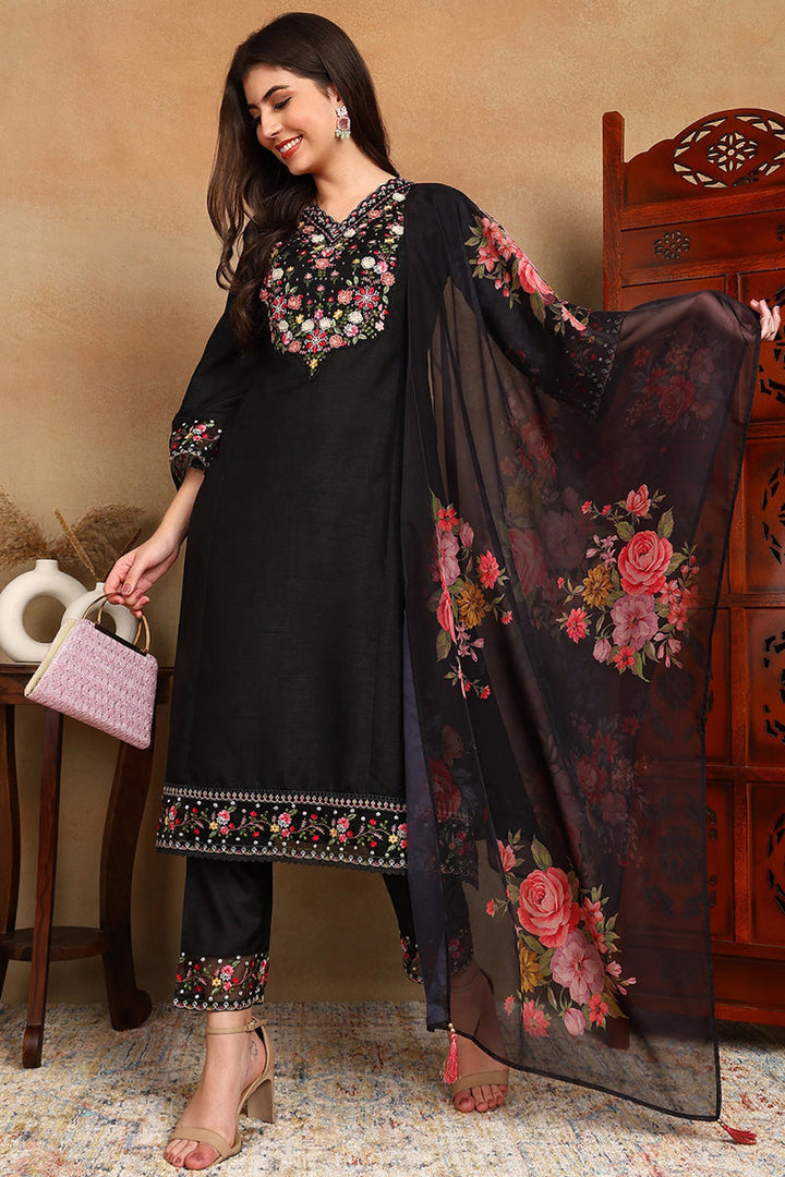 Black Silk Blend Solid Embroidered Straight Trouser Bottom Suit Set | SHOBITAM