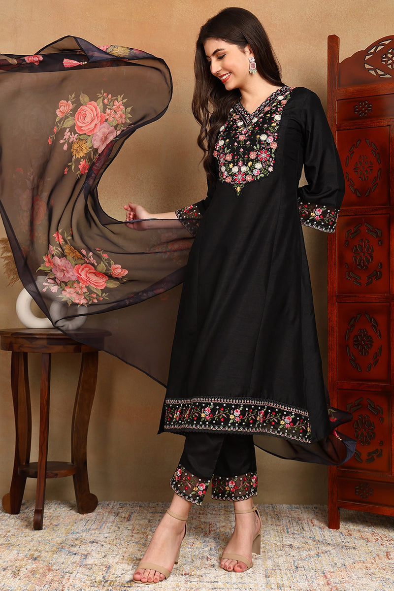 Black Silk Blend Solid Embroidered Straight Trouser Bottom Suit Set | SHOBITAM