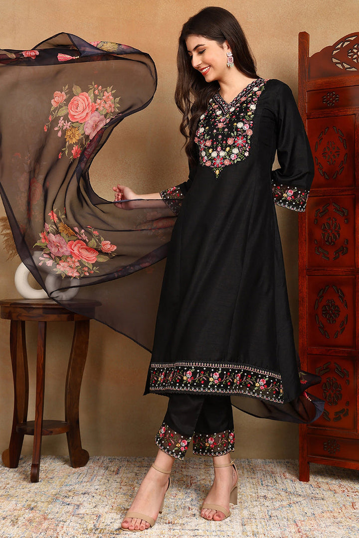 Black Silk Blend Solid Embroidered Straight Trouser Bottom Suit Set | SHOBITAM