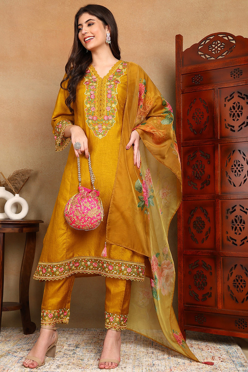 Mustard Yellow Silk Blend Solid Embroidered Straight Trouser Bottom Suit Set | SHOBITAM