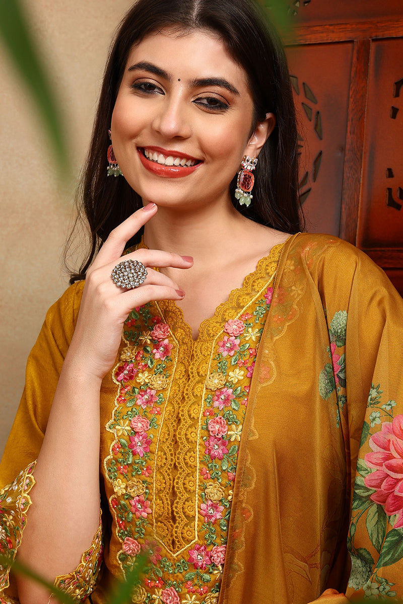 Mustard Yellow Silk Blend Solid Embroidered Straight Trouser Bottom Suit Set | SHOBITAM