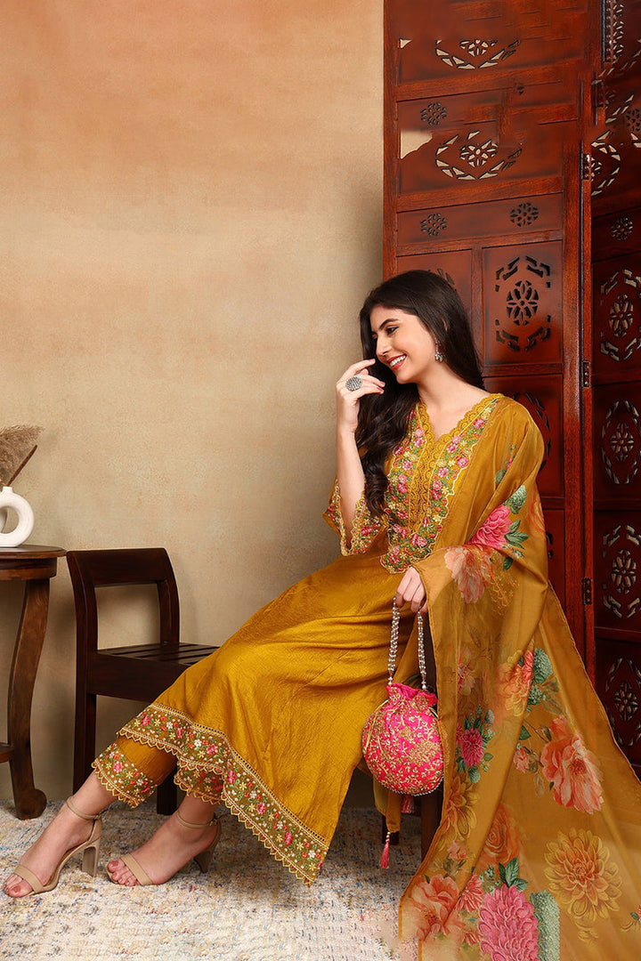 Mustard Yellow Silk Blend Solid Embroidered Straight Trouser Bottom Suit Set | SHOBITAM