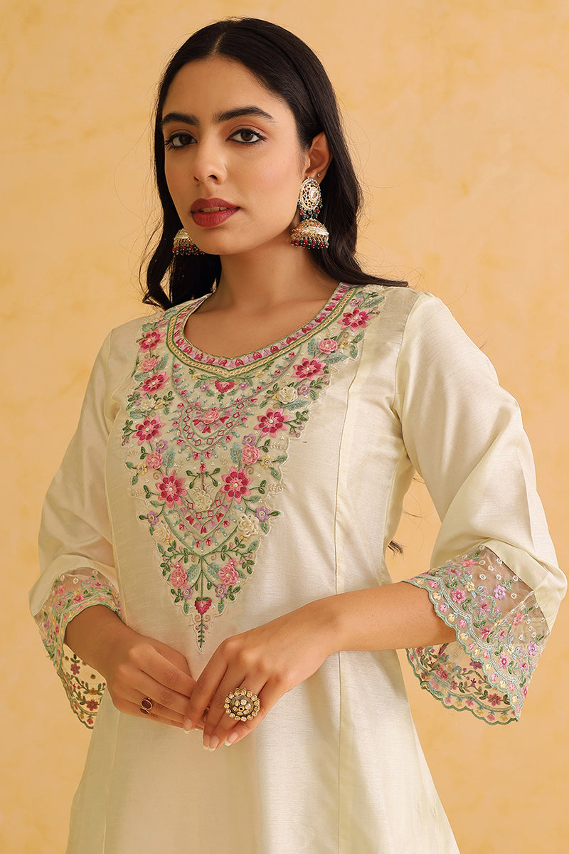 Off White Silk Blend Solid Embroidered Straight Trouser Bottom Suit Set | SHOBITAM