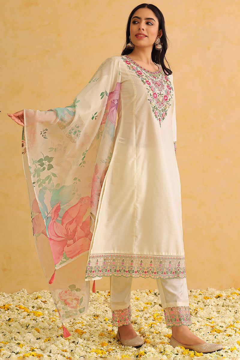 Off White Silk Blend Solid Embroidered Straight Trouser Bottom Suit Set | SHOBITAM