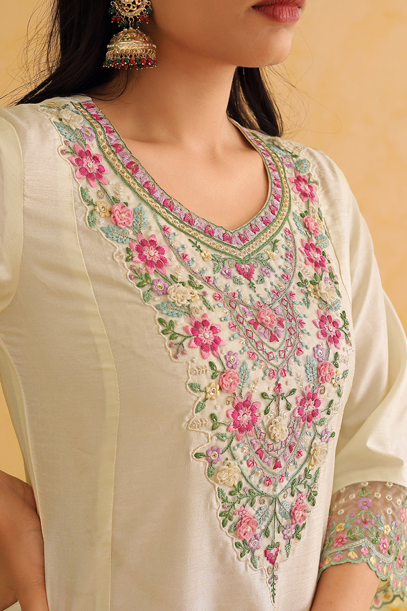 Off White Silk Blend Solid Embroidered Straight Trouser Bottom Suit Set | SHOBITAM