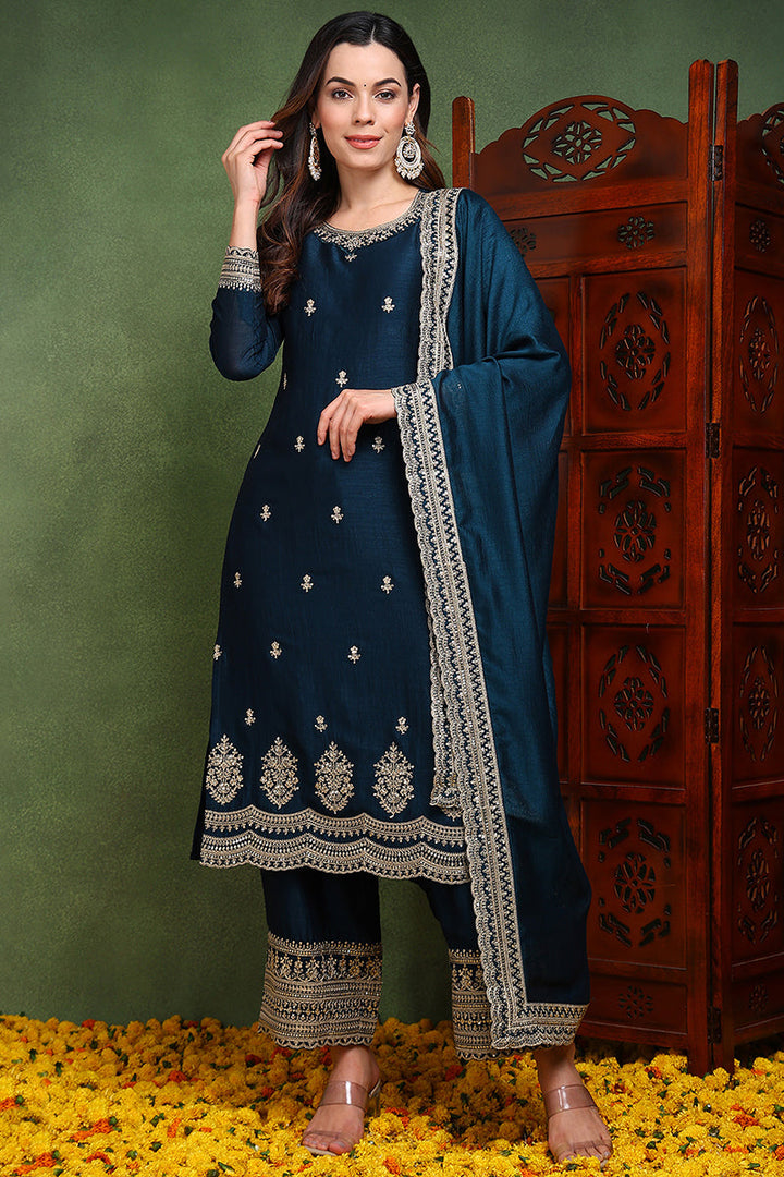 Dark Blue Silk Blend Solid Embroidered Straight Suit Set | SHOBITAM