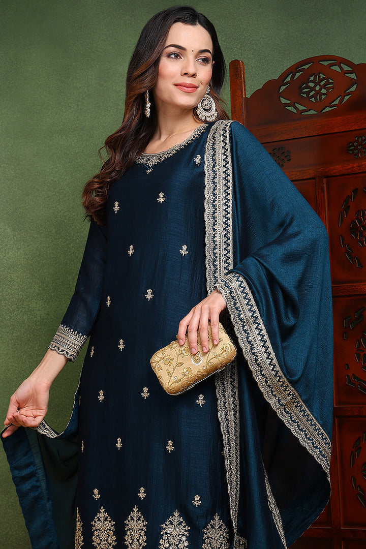 Dark Blue Silk Blend Solid Embroidered Straight Suit Set | SHOBITAM