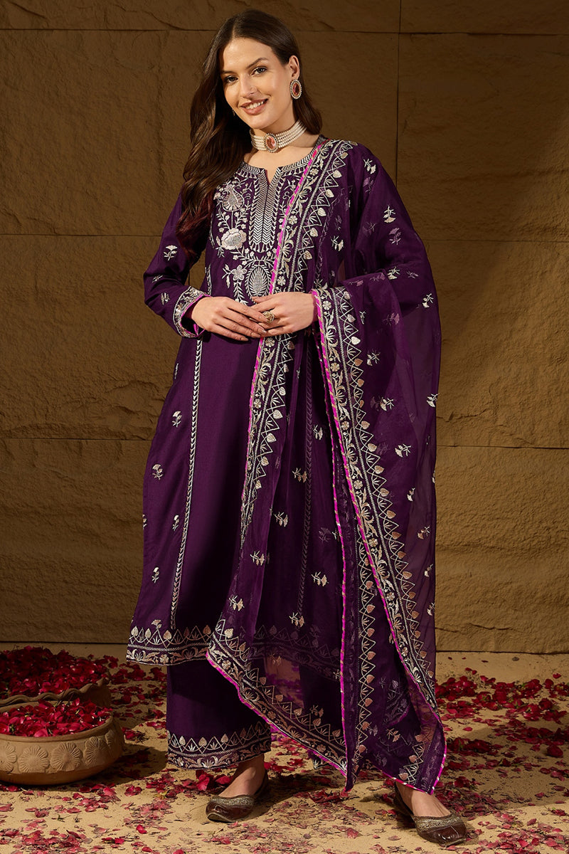 Purple Silk Blend Yoke Design Zari Straight Palazzo Suit Set  | SHOBITAM