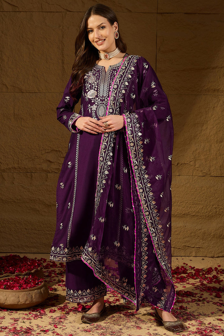 Purple Silk Blend Yoke Design Zari Straight Palazzo Suit Set  | SHOBITAM