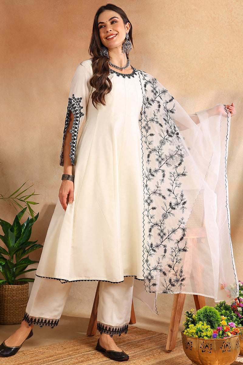 White Silk Blend Solid Embroidered Anarkali Trouser Suit Set | SHOBITAM