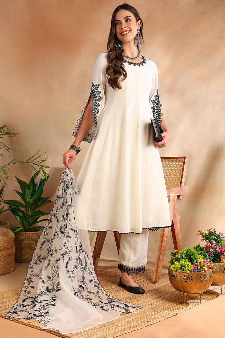 White Silk Blend Solid Embroidered Anarkali Trouser Suit Set | SHOBITAM