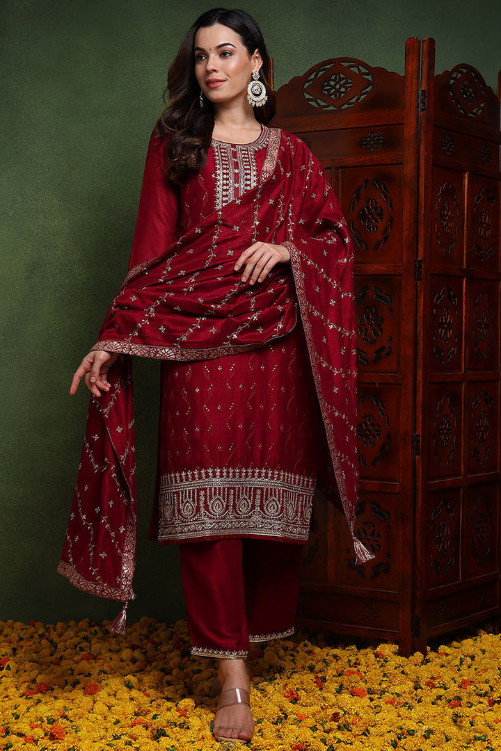 Maroon Silk Blend Solid Embroidered Straight Suit Set | SHOBITAM