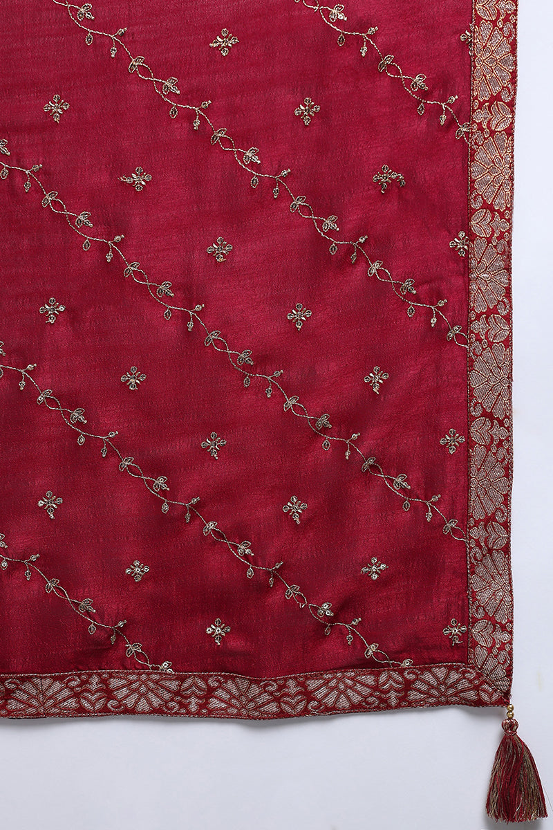 Maroon Silk Blend Solid Embroidered Straight Suit Set | SHOBITAM