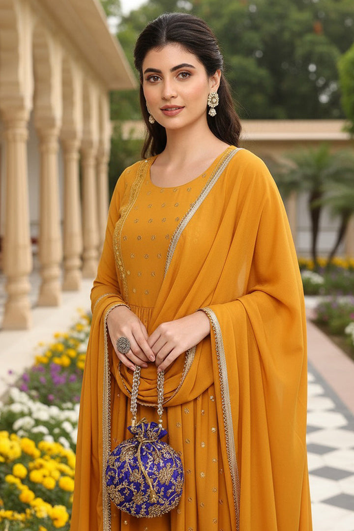 Mustard Yellow Georgette Solid Embroidered Straight Palazzo Suit Set | SHOBITAM
