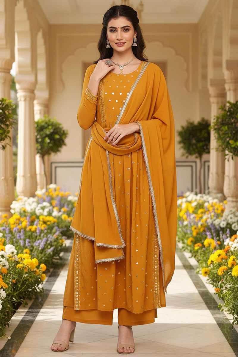 Mustard Yellow Georgette Solid Embroidered Straight Palazzo Suit Set | SHOBITAM