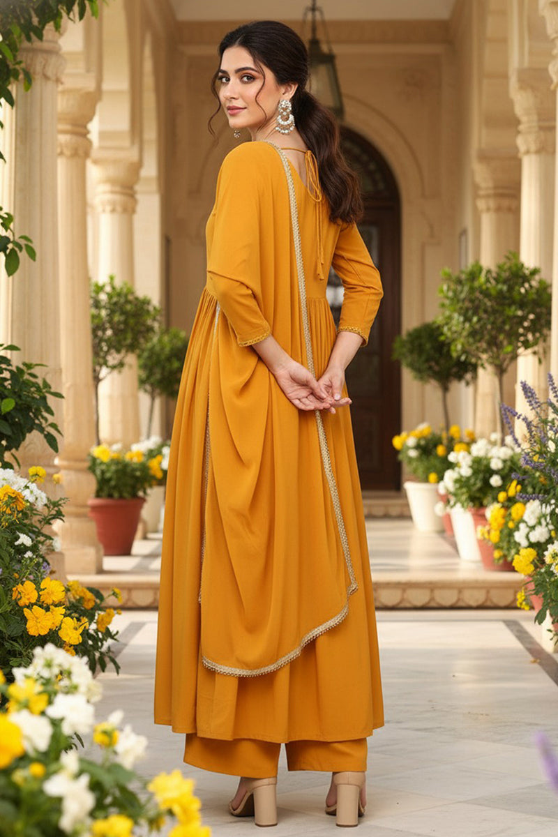 Mustard Yellow Georgette Solid Embroidered Straight Palazzo Suit Set | SHOBITAM