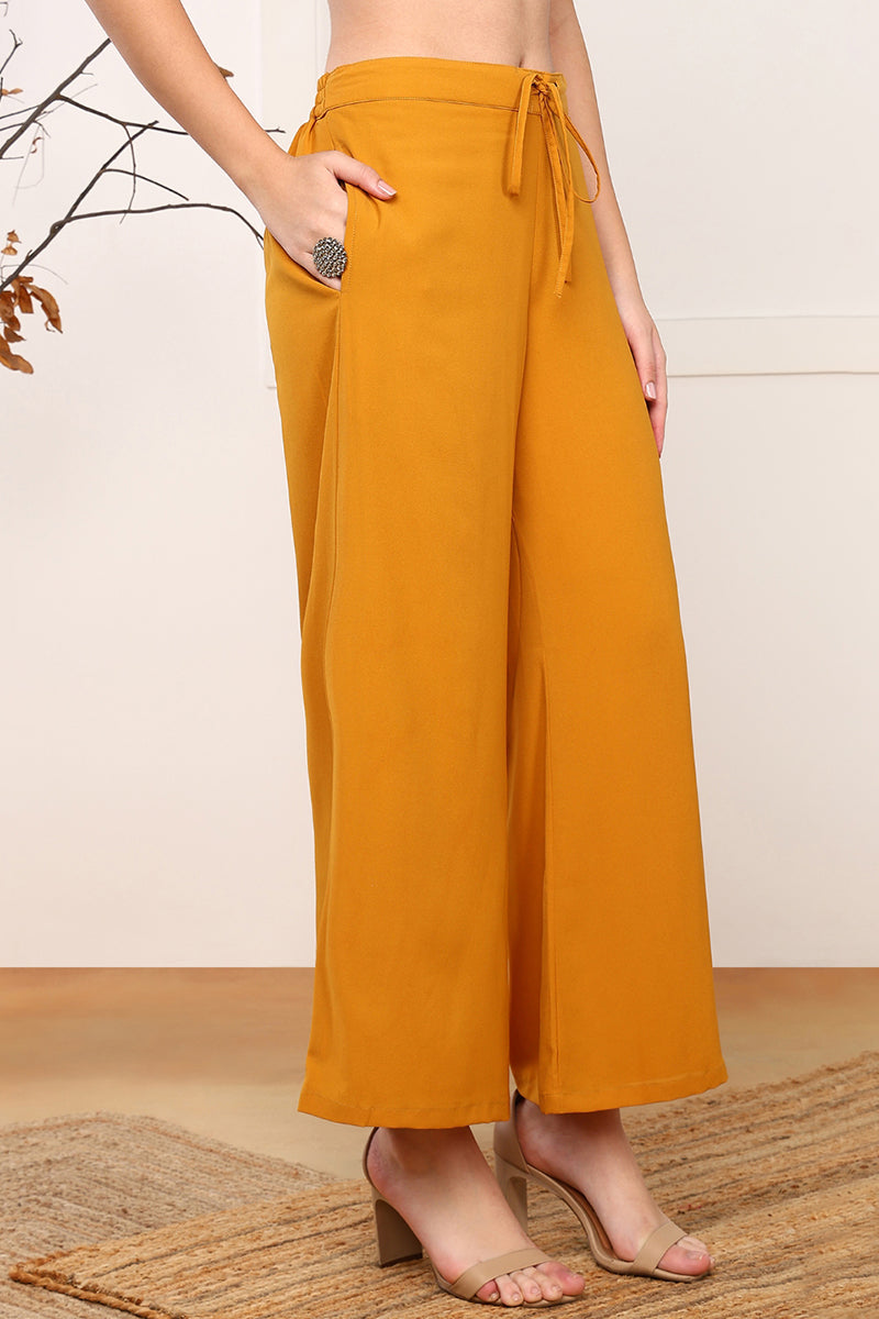Mustard Yellow Georgette Solid Embroidered Straight Palazzo Suit Set | SHOBITAM
