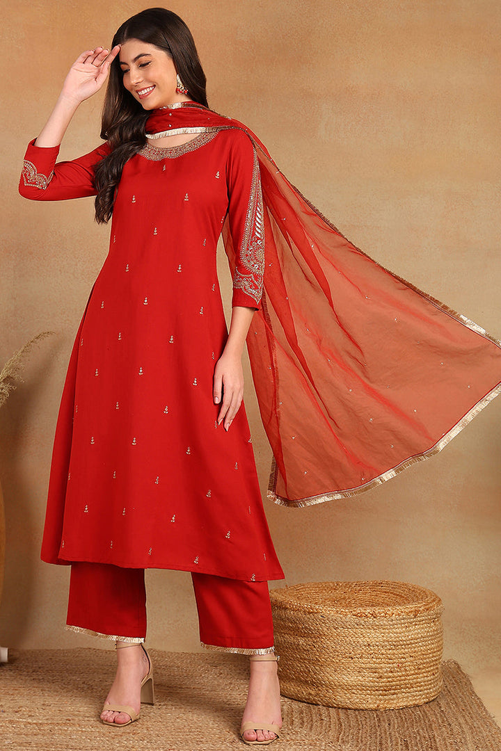 Red Silk Blend Solid Embroidered A-Line Trouser Bottom Suit Set | SHOBITAM