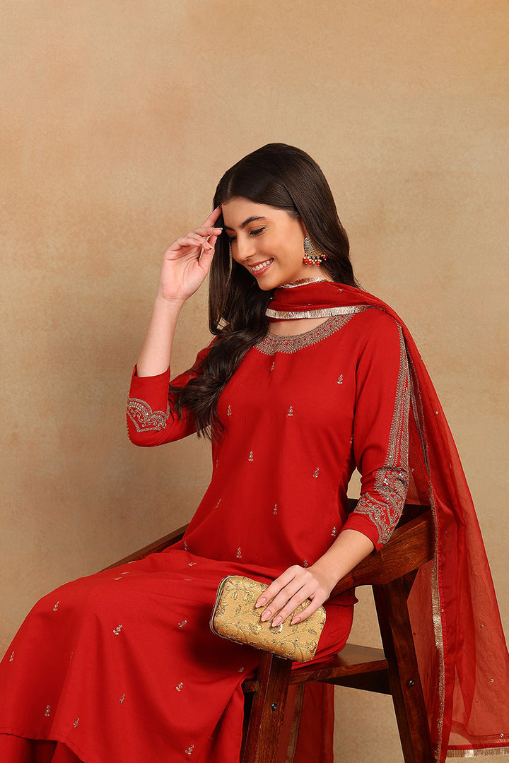Red Silk Blend Solid Embroidered A-Line Trouser Bottom Suit Set | SHOBITAM