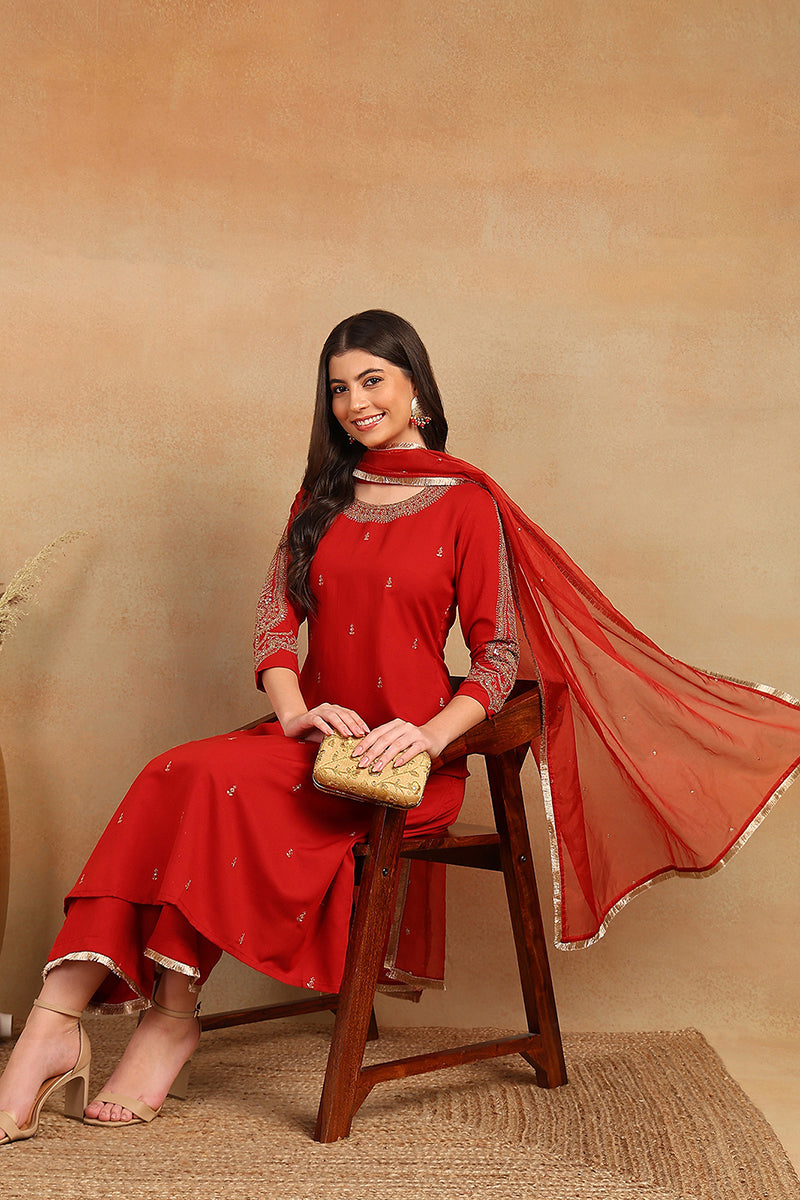 Red Silk Blend Solid Embroidered A-Line Trouser Bottom Suit Set | SHOBITAM