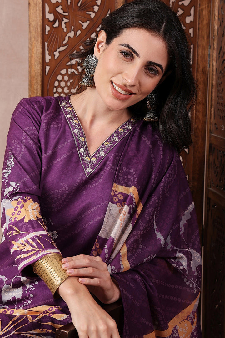 Purple Rayon Blend Floral Printed Straight Trouser Bottom Suit Set | SHOBITAM