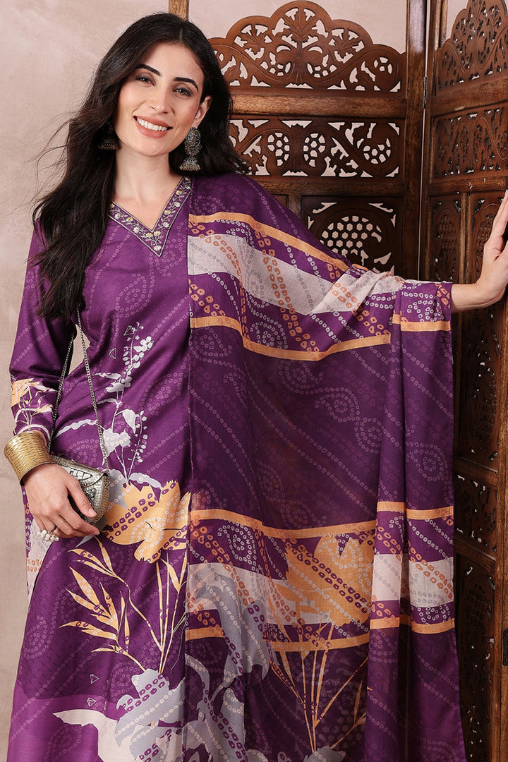 Purple Rayon Blend Floral Printed Straight Trouser Bottom Suit Set | SHOBITAM