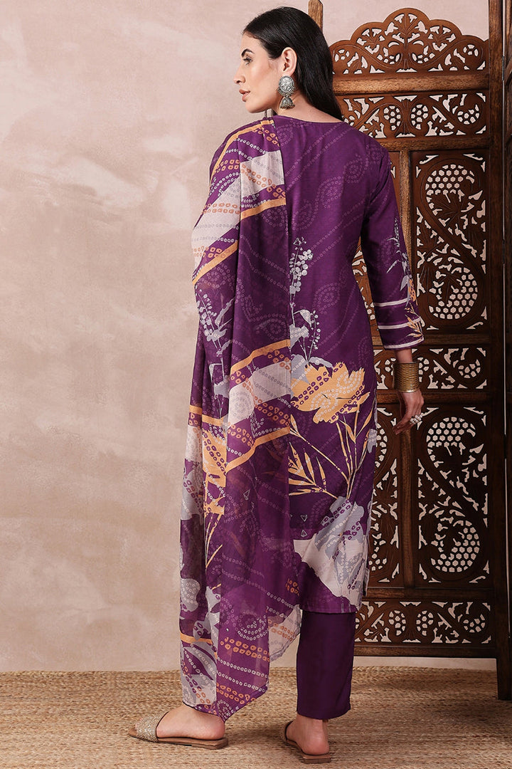 Purple Rayon Blend Floral Printed Straight Trouser Bottom Suit Set | SHOBITAM