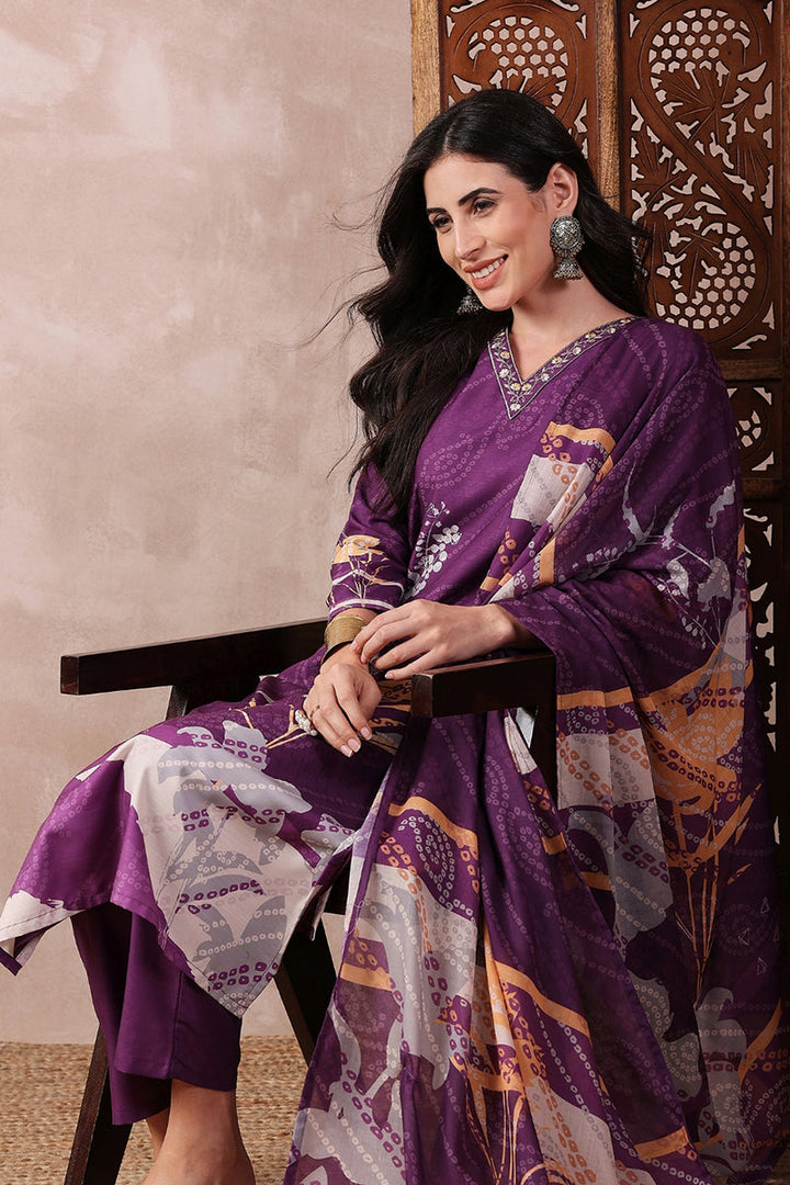 Purple Rayon Blend Floral Printed Straight Trouser Bottom Suit Set | SHOBITAM