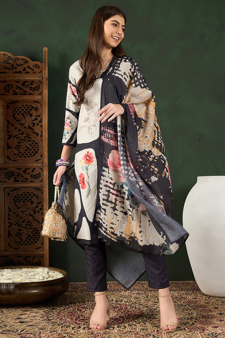 Black Rayon Blend Floral Printed Straight Trouser Bottom Suit Set | SHOBITAM