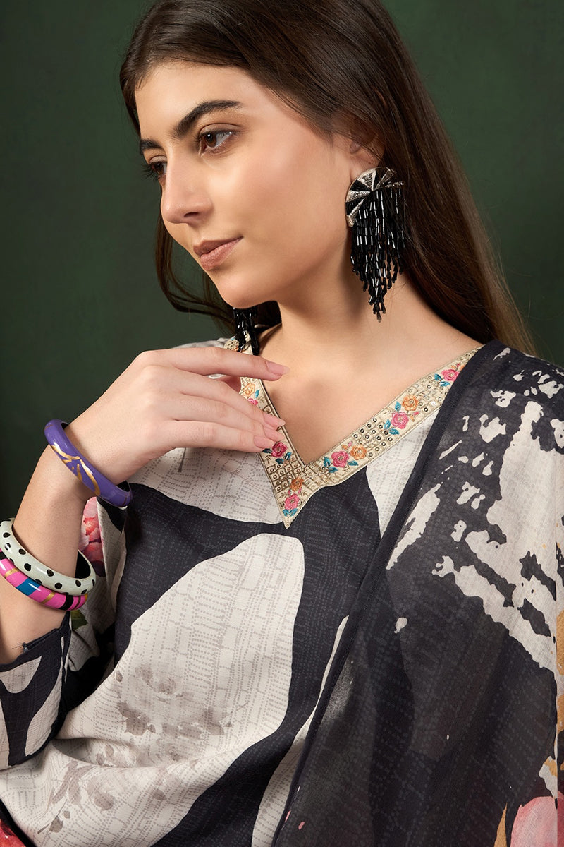 Black Rayon Blend Floral Printed Straight Trouser Bottom Suit Set | SHOBITAM