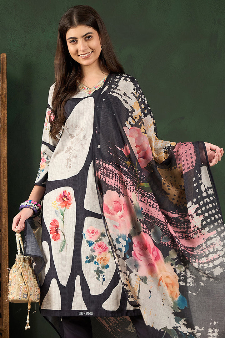 Black Rayon Blend Floral Printed Straight Trouser Bottom Suit Set | SHOBITAM