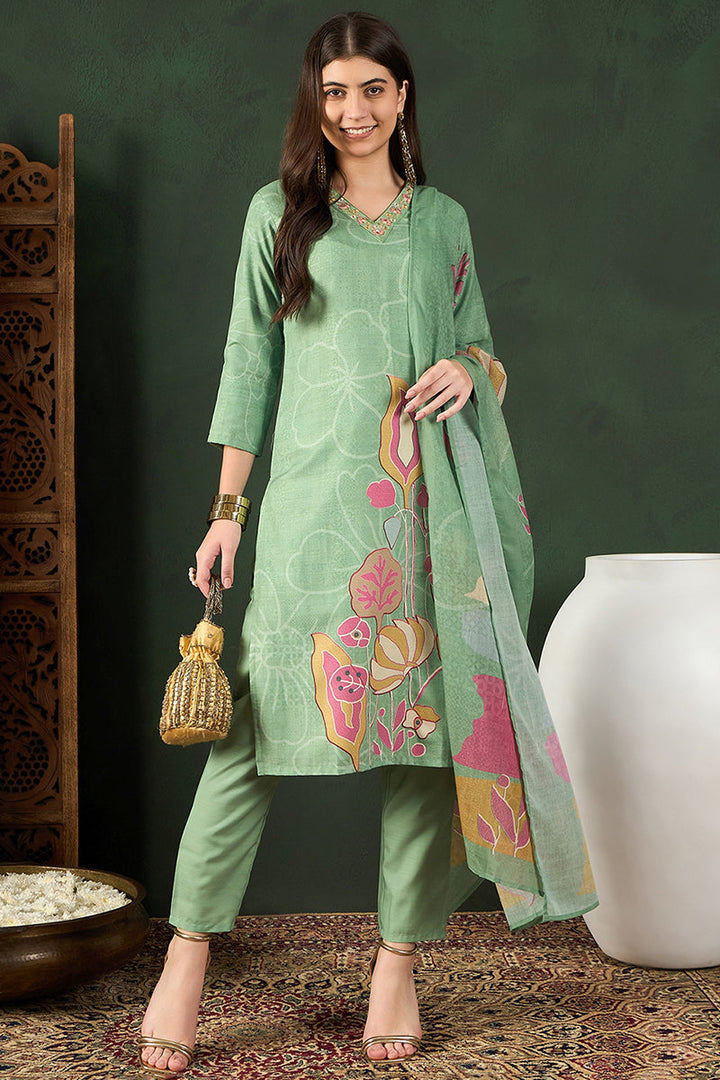 Green Rayon Blend Floral Printed Straight Trouser Bottom Suit Set | SHOBITAM