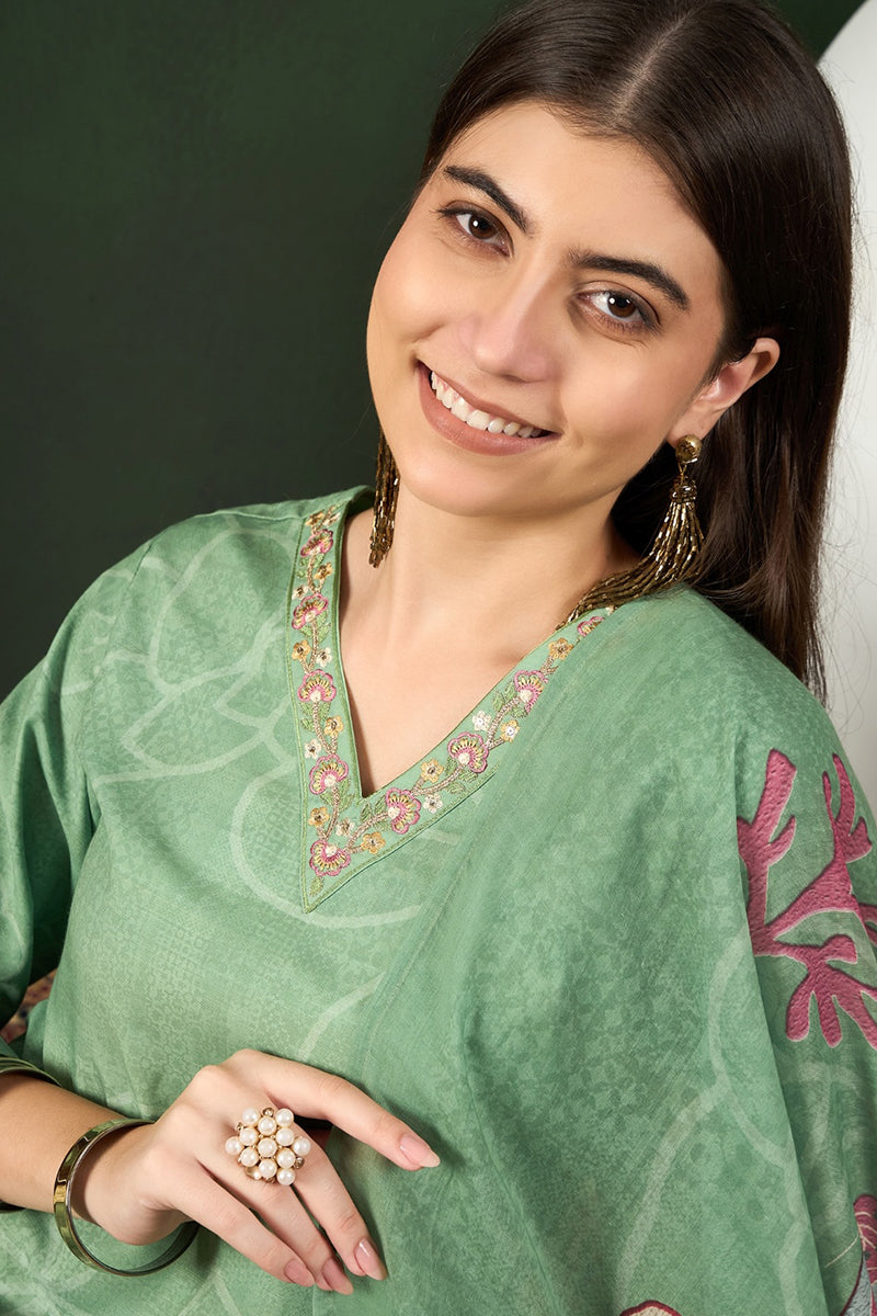 Green Rayon Blend Floral Printed Straight Trouser Bottom Suit Set | SHOBITAM