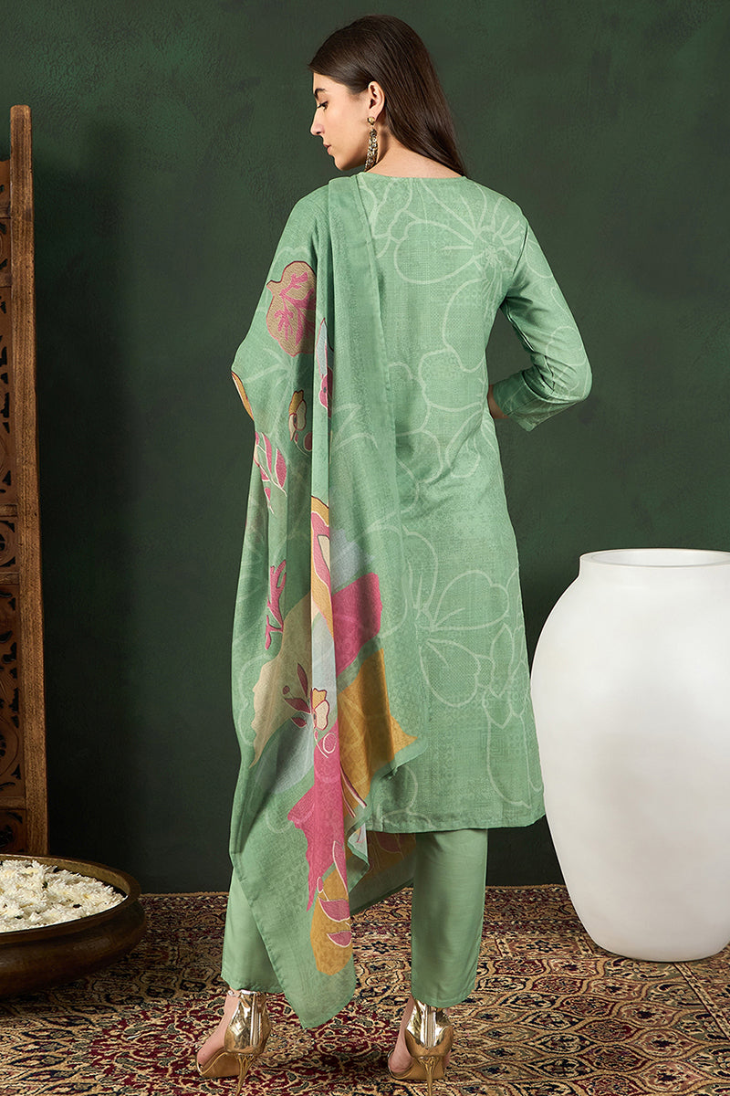 Green Rayon Blend Floral Printed Straight Trouser Bottom Suit Set | SHOBITAM