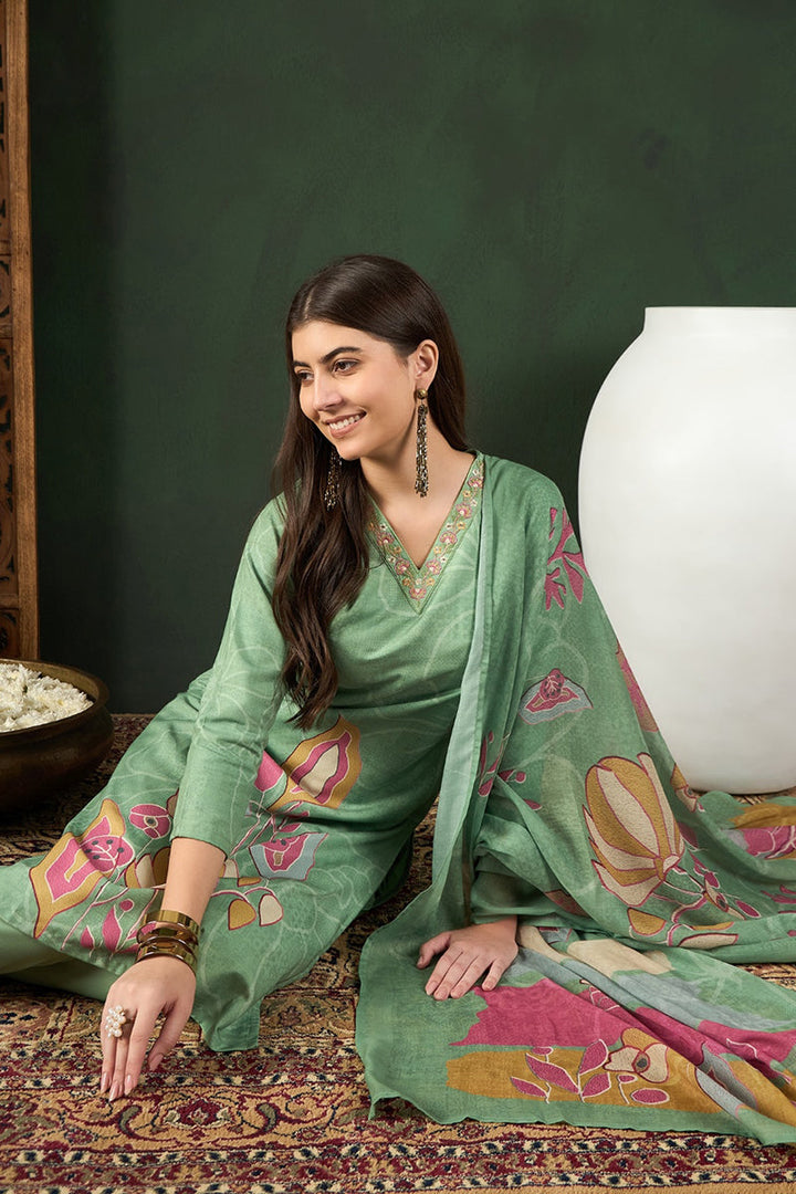 Green Rayon Blend Floral Printed Straight Trouser Bottom Suit Set | SHOBITAM