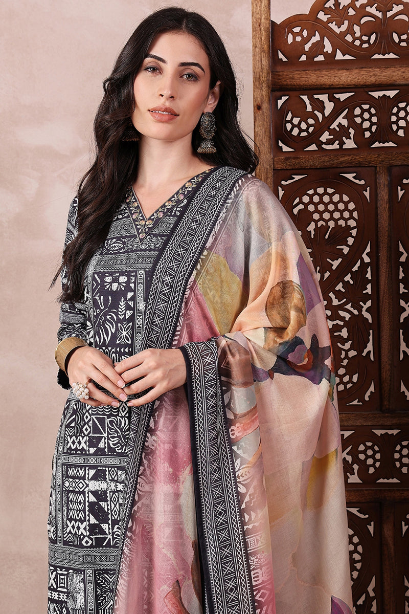 Black Rayon Blend Geometric Printed Straight Trouser Bottom Suit Set | SHOBITAM