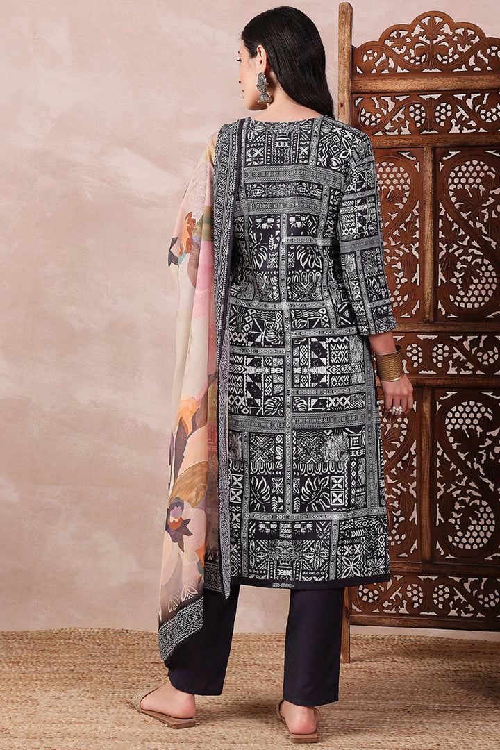 Black Rayon Blend Geometric Printed Straight Trouser Bottom Suit Set | SHOBITAM