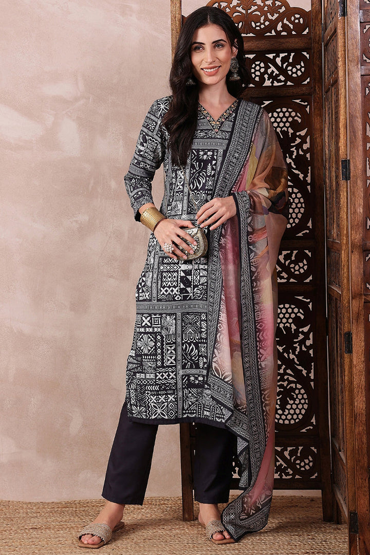 Black Rayon Blend Geometric Printed Straight Trouser Bottom Suit Set | SHOBITAM