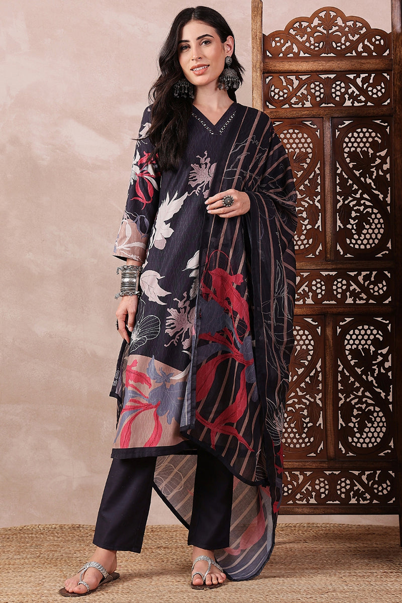 Black Rayon Blend Floral Printed Straight Trouser Bottom Suit Set | SHOBITAM