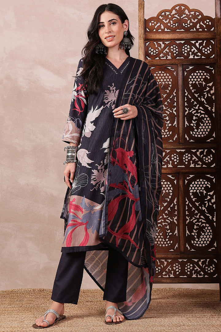 Black Rayon Blend Floral Printed Straight Trouser Bottom Suit Set | SHOBITAM