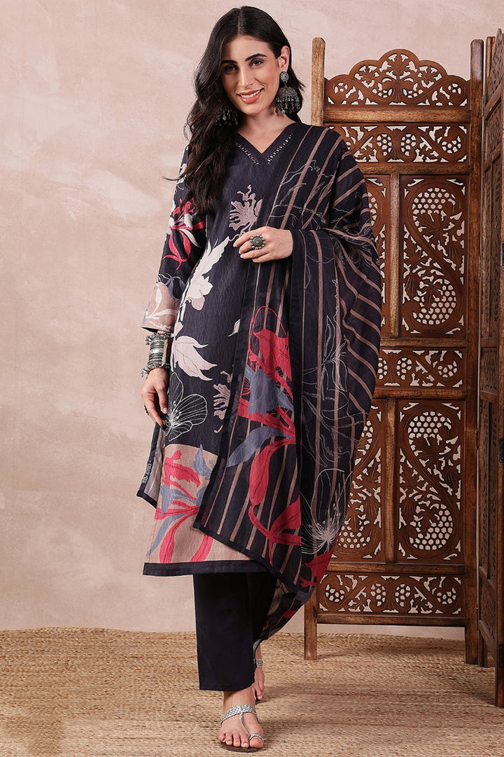 Black Rayon Blend Floral Printed Straight Trouser Bottom Suit Set | SHOBITAM