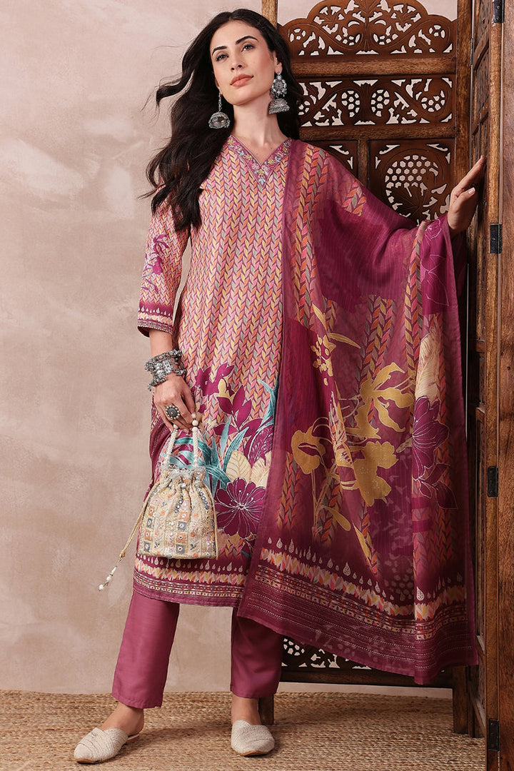 Multi Color Rayon Blend Floral Printed Straight Trouser Bottom Suit Set | SHOBITAM