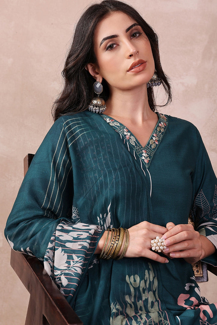 Teal Blue Rayon Blend Abstract Printed Straight Trouser Bottom Suit Set | SHOBITAM