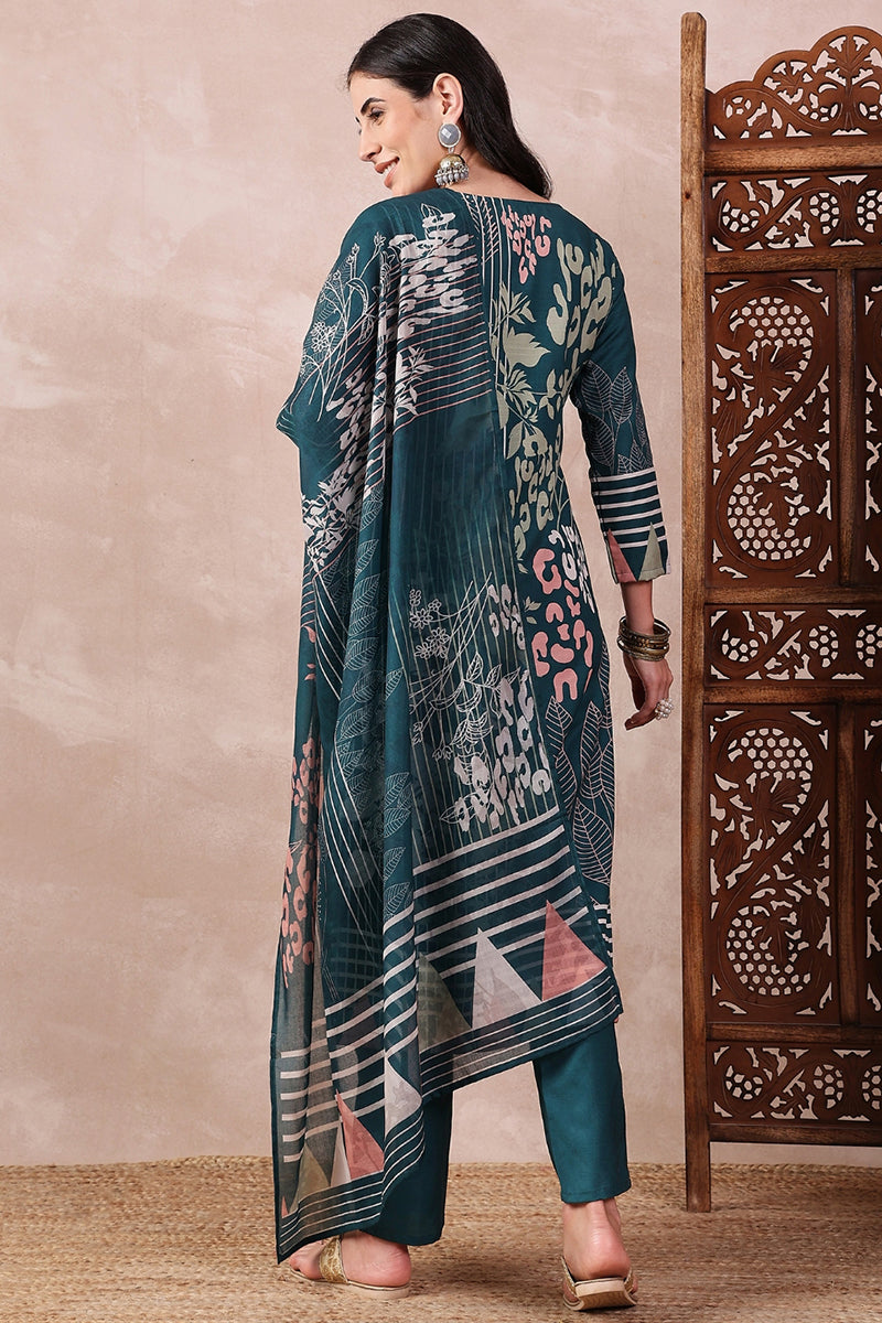 Teal Blue Rayon Blend Abstract Printed Straight Trouser Bottom Suit Set | SHOBITAM