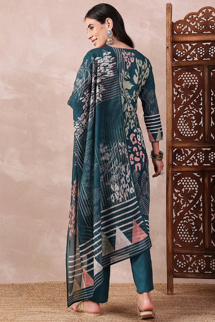 Teal Blue Rayon Blend Abstract Printed Straight Trouser Bottom Suit Set | SHOBITAM