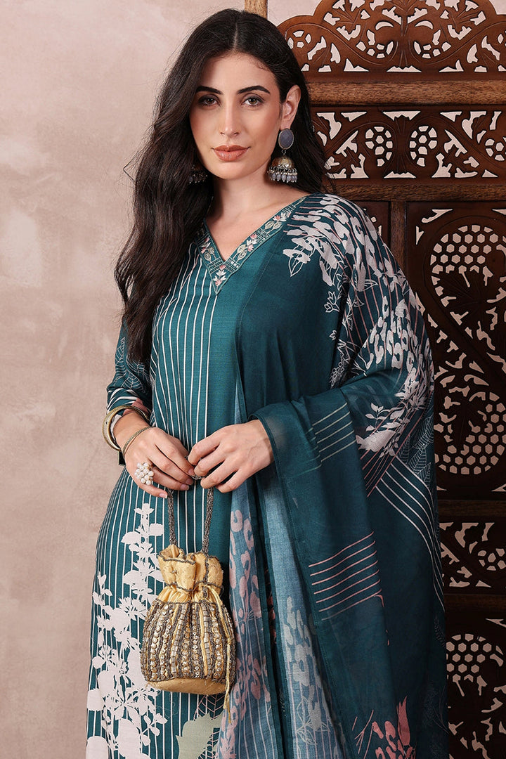 Teal Blue Rayon Blend Abstract Printed Straight Trouser Bottom Suit Set | SHOBITAM